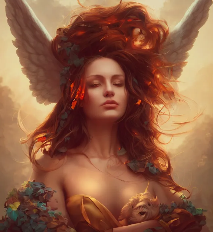 Prompt: centered waist up portrait photography an angel + bokeh + DOF + 8k, photorealistic + rendered in unreal engine + colors and composition by Peter Mohrbacher + line work by Dan Mumford , ultra realistic