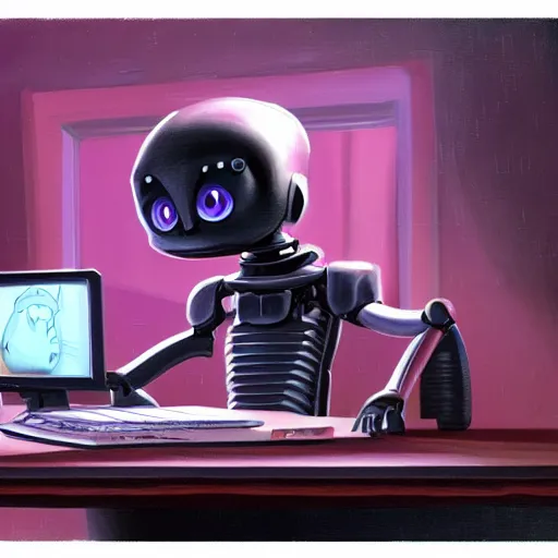 Image similar to cute alien robot cat working at computer, detailed painting in the style of ralph mcquarrie 4 k