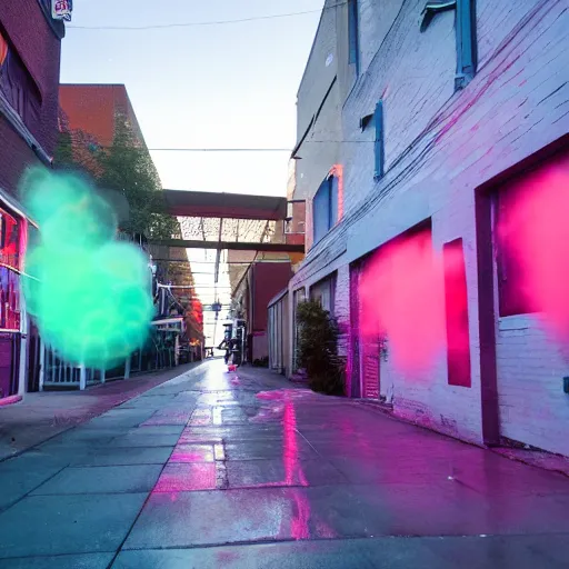 Image similar to a sidewalk covered in soap in front of a soap factory with a lit neon sign saying'soap factory ', bubbles float through the air