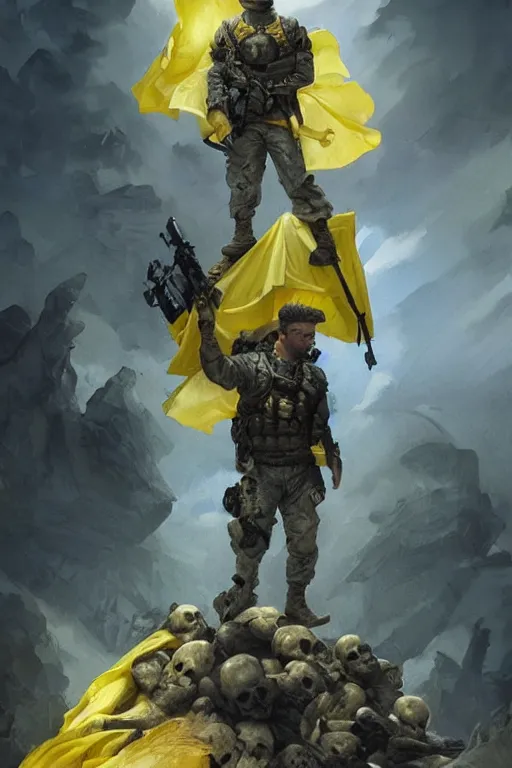 Prompt: special forces soldier with ukrainian blue yellow flag standing on a pile of skulls as a winner, masculine figure, d & d, fantasy, bright atmosphere, volumetric lights, intricate, elegant, extremely detailed, digital painting, artstation, concept art, matte, smooth, sharp focus, hyper realistic, illustration, art by artgerm and greg rutkowski and alphonse mucha