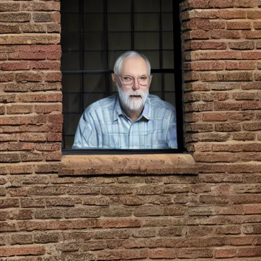 Prompt: jim pickens peeping through a house window