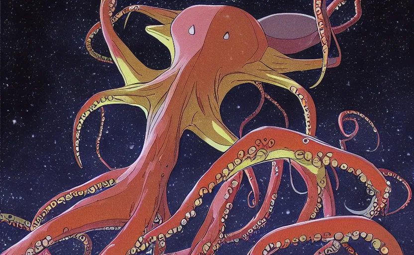 Image similar to a realistic cell - shaded studio ghibli concept art from paprika ( 2 0 0 6 ) of a flying multi - colored octopus from close encounters of the third kind ( 1 9 7 7 ) and dimensional portal to another world above a flooded stonehenge on a misty starry night. very dull colors, wide shot, hd, 4 k, hq