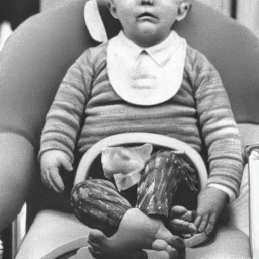 Prompt: Richard Nixon wearing a babies bonnet, sitting in a high chair, photorealistic, detailed, 1960s