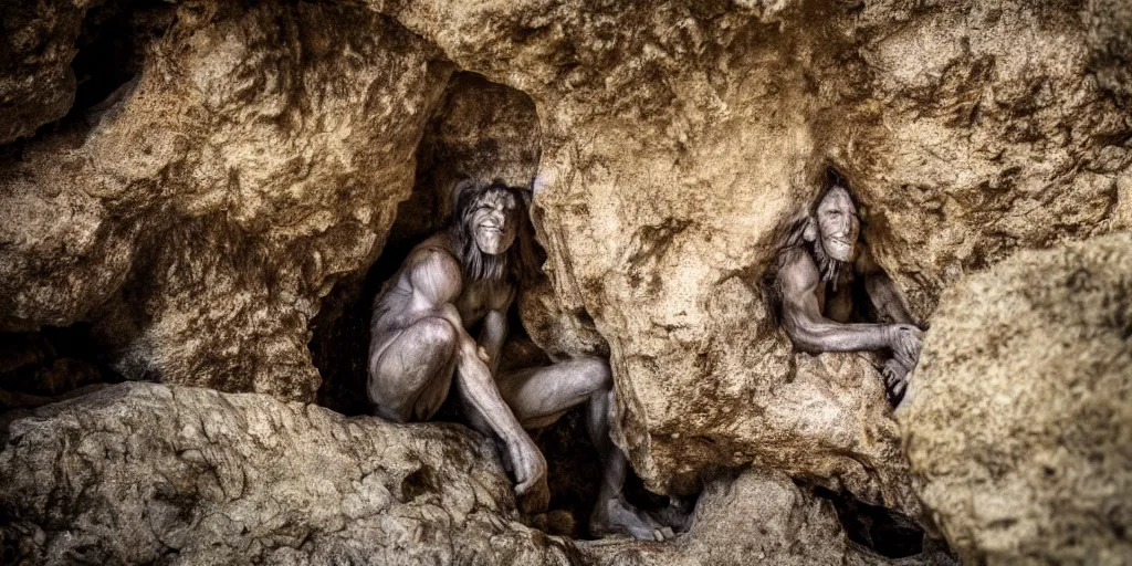 Image similar to a cave troll in a giant cave 8 k, gloomy lighting, shallow depth of field,