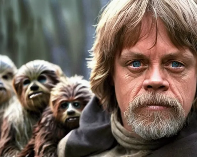 Prompt: Mark Hamill as Luke Skywalker with 10,100 adoring Ewoks.