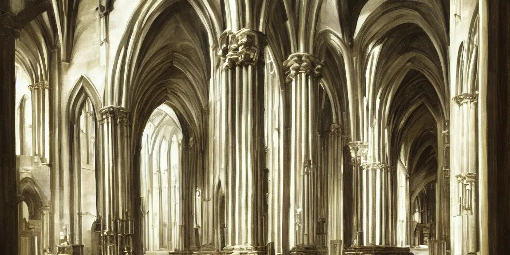 Image similar to a painting of the interior of Kirkwall cathedral, orkney islands, tall columns, bright white morning light casts shadows, architectural, by Pieter Saenredam