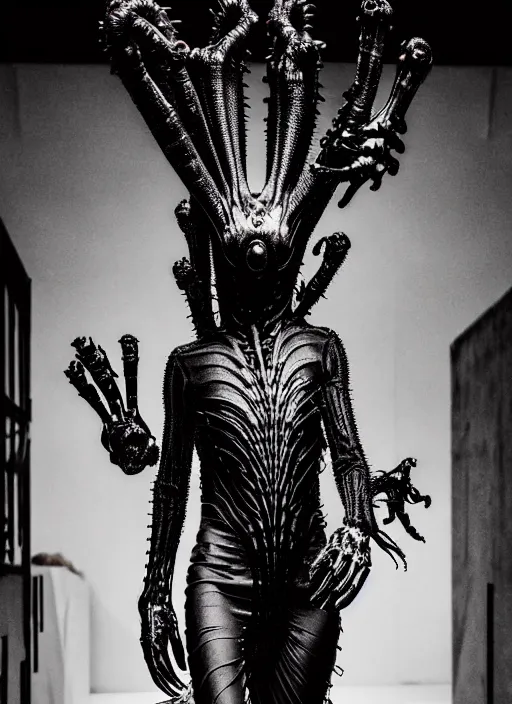 Image similar to walking down the catwalk, steven klein, h. r. giger, show, stage, vogue photo, podium, fashion show photo, historical baroque dress, iris van herpen, beautiful woman, full body shot, masterpiece, inflatable shapes, alien, predator, guyver, jellyfish, white biomechanical details, highly detailed