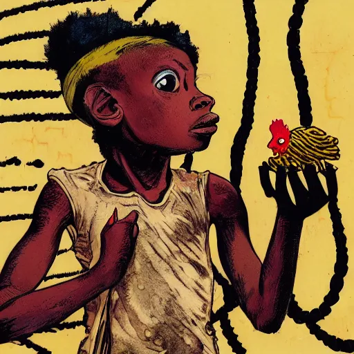 Image similar to an african boy holding a chicken from the movie tank girl, afrofuturism, by jamie hewlett and sawoozer and roger ballen,