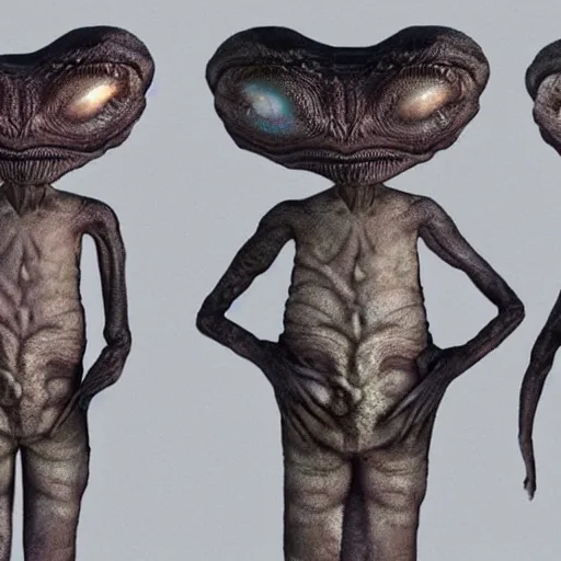 Image similar to These aliens are a type of mammal. They have two arms and six legs, with a long, thick tail. They have six eyes which sit gracefully in their sockets and can often make them appear to be agitated. Their eyesight is excellent. Their small mouths and huge noses often make these aliens appear to be distant, but looks can be deceiving. Their ears are large and their hearing is a bit poor. They also have small horns on their hands. Their skin is smooth, elastic and quite strong. It's covered lightly in tiny hairs. Their skin colors are mostly brown and light silver, which tend to become faded as they age. The males are usually bigger than their female counter part and their colors are more varied. The females, however, are usually more gracious.
