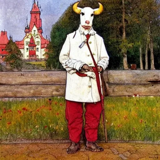 Image similar to painting by carl larsson, cow, dressed, anthropomorphic!!, wearing!!! clothes!!!, standing next to royal castle!!!