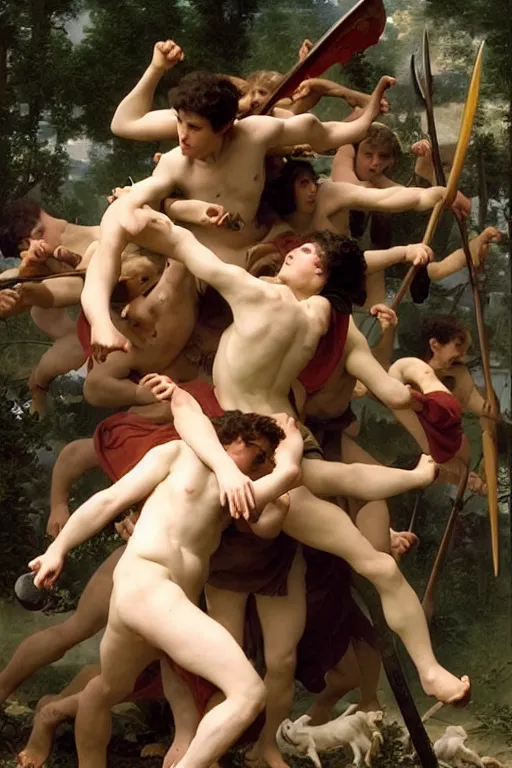 Image similar to battling Spartans against wolves in the style of  William Adolphe Bouguereau