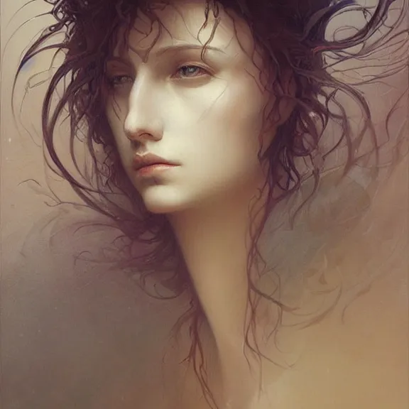 Prompt: a highly detailed beautiful portrait in the style of jean delville and in the style of peter mohrbacher.