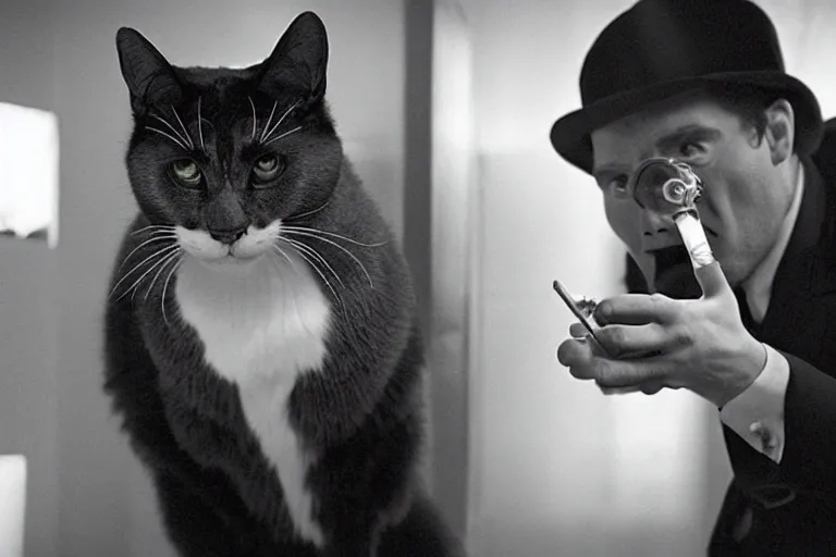 Image similar to film noir film still of a genetically modified anthropomorphic cat detective. neo - noir. directed by ridley scott. neon.