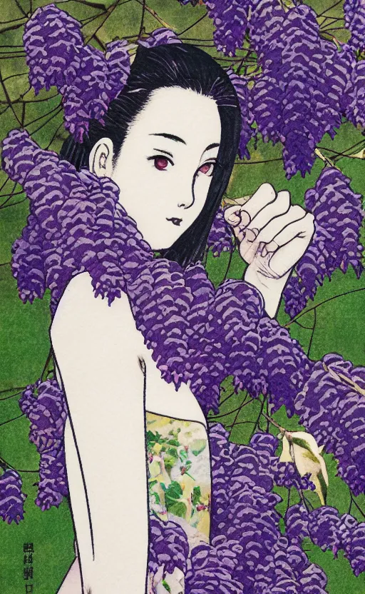 Image similar to by akio watanabe, manga art, a girl and wisteria tree, trading card front, kimono, realistic anatomy, half moon in the background