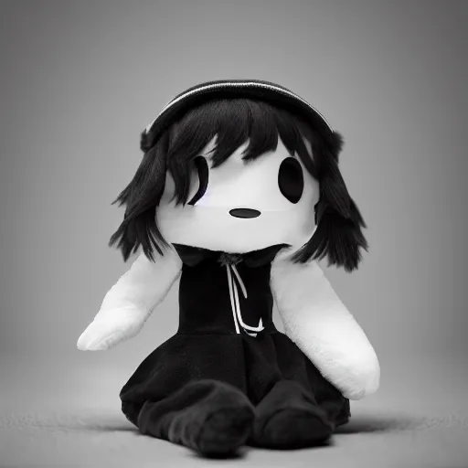 Image similar to cute fumo plush of a girl with a dark secret, black and white, lit from below, vray