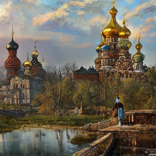 Image similar to beautiful magical ancient Slavic city of Kitezh, oil painting, painting by Viktor Vasnetsov, concept art, fantasy cityscape, ancient Russian architecture, painting by Ivan Shishkin, hyperborea, high resolution, trending on artstation,