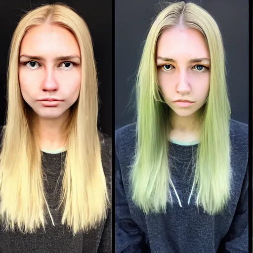 Image similar to brunette with dyed blonde hair, 21 years old, 165 cm tall, long flat blonde hair, eyes green, 30% smaller nose, smaller mouth, round shaped face, big forehead, lop eared, thin eyebrows, real life photograph