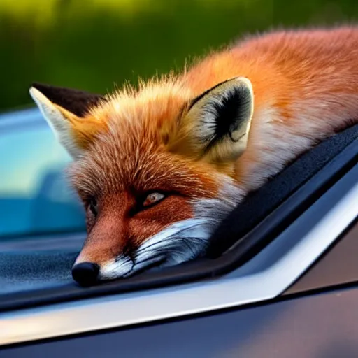 Image similar to a fox sleeping on a suv, side of the road, sunny, hyperrealistic, 4 k, contest winning photography