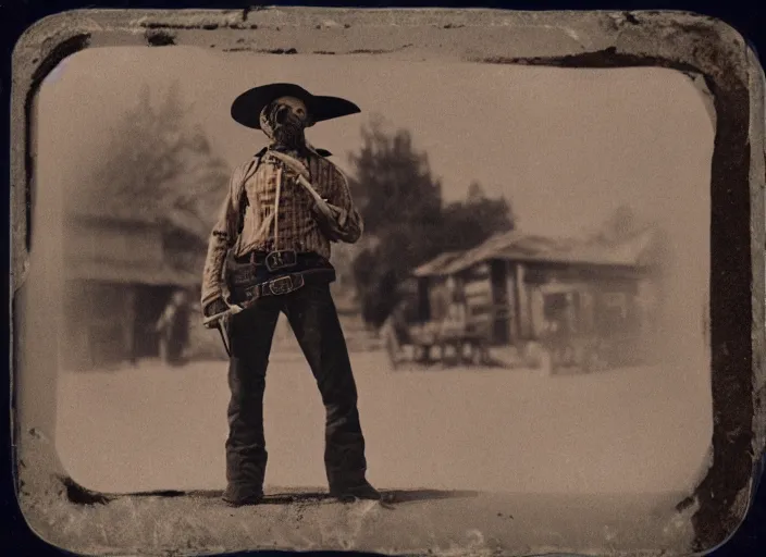 Image similar to hybrid pixar tintype photograph of a renegade skeleton cowboy outlaw at a busy saloon in the old west, holding a bottle of whiskey, wide angle, volumetric lighting, cinematic, bokeh, octane render