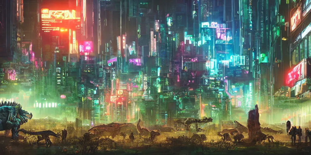 Image similar to a beautiful painting of a lush cyberpunk city with dinosaurs grazing in parks by ridley scott, vivid colours, cinematic lighting, fine details, 8 k | | digital artwork made by greg rutswork, anna dittmann and lois van barlee, symmetrical neon rim light, anatomically correct