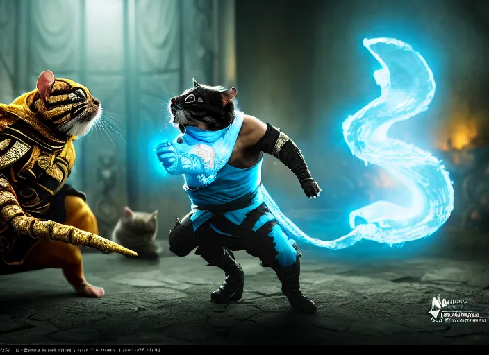 Image similar to hamster dressed as sub zero fights a cat dressed as scorpion in mortal kombat on the background of a laughing shao khan. fantasy magic style. highly detailed 8 k. intricate. lifelike. soft light. sony a 7 r iv 5 5 mm. unreal engine with nanite and path tracing