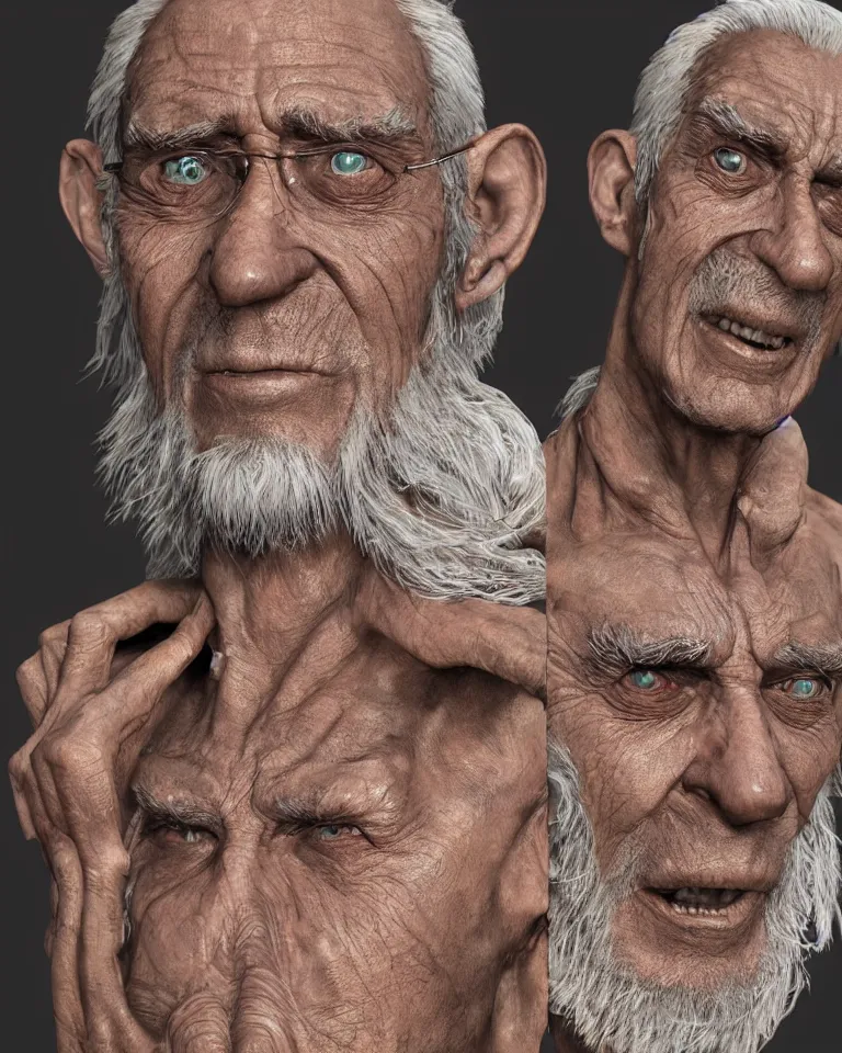 Prompt: A highly detailed portrait 3D render of a singular craggly old man, wise, gaunt, ancient, smiling. ZBrush and Blender. Trending on cgsociety. Dramatic lighting. Beautiful. Colorful. By Mark Mann and Jimmy Nelson.