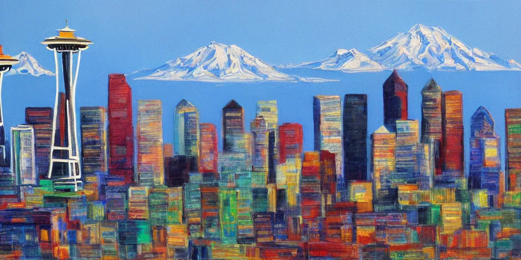 Prompt: Seattle cityscape skyline panorama in the style of Wayne Thiebaud, detailed oil painting