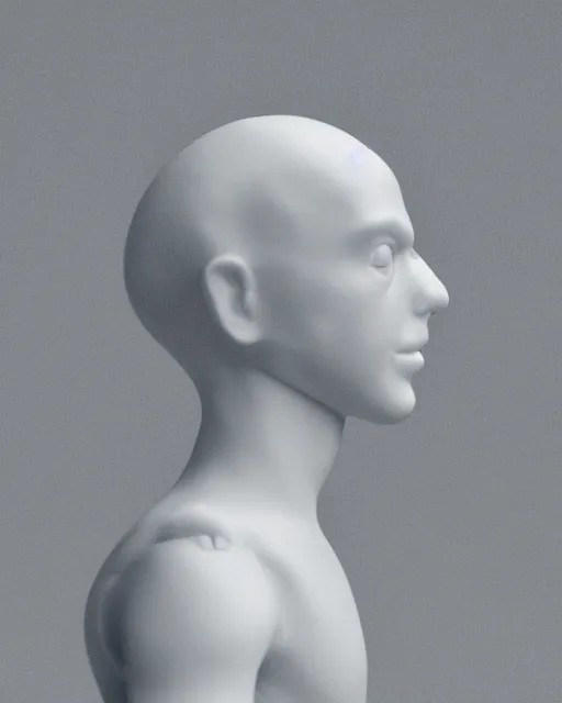 Image similar to a photo of a genderless white toy figurine made from resin, ceramic, headless, pillhead, pale head, bald, smooth skin, even surface, minimalistic, octane rendering, ambient lighting, orange subsurface scattering