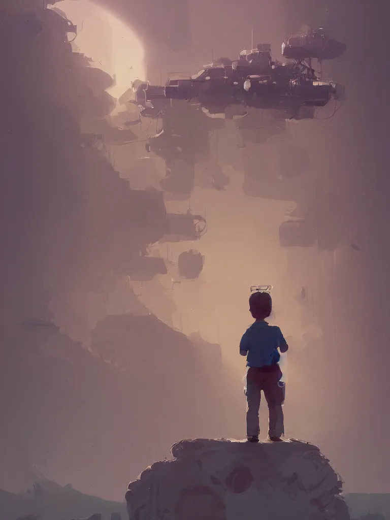 Image similar to a cute boy standing in the center of a painting from stalenhag, 4 k, 8 k, hdr, artstation, concept art