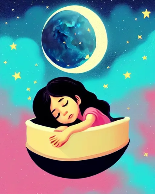 Prompt: beautiful painting of little girl sleeping on her flying bed, moon, art by petros afshar, sky night, illustration, highly detailed, simple, smooth and clean vector curves, no jagged lines, vector art, smooth, artstation