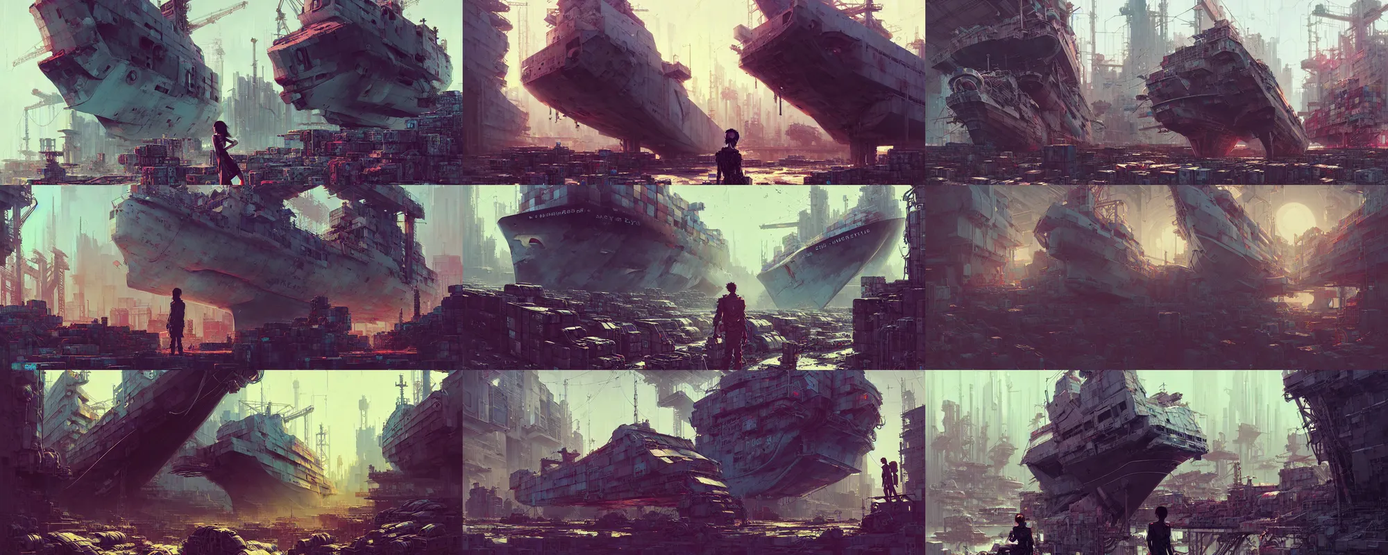Prompt: hyper - realistic cyberpunk portrait of cargo ship graveyard, extreme detail, in style of col price, atey ghailan, by greg rutkowski, by greg tocchini, by james gilleard, by joe fenton, by kaethe butcher, anime aesthetic