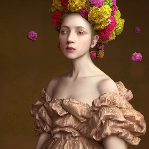 Prompt: 8k, octane render, realism, tonalism, renaissance, rococo, baroque, portrait of a young lady wearing ruffle sleeve dress with flowers and skulls looking to the side background chaotic gold leaf flowers