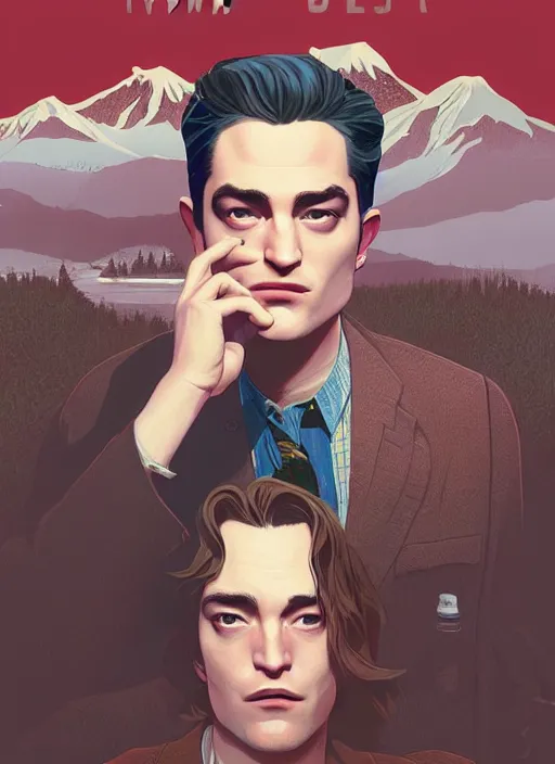 Prompt: Twin Peaks poster artwork by Michael Whelan and Tomer Hanuka, Karol Bak, Rendering of Robert Pattinson, from scene from Twin Peaks, clean, full of details, by Makoto Shinkai and thomas kinkade, Matte painting, trending on artstation and unreal engine