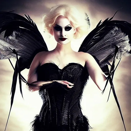 Prompt: dark swan queen, black hair, black feathers instead of hair, gothic, red lips, feathers growing out of skin, black fingers with black claws, bird feet, black bodysuit, disney villain, dark fae, moulting, suspended in zero gravity, on spaceship with cables hanging down, highly detailed, mucha