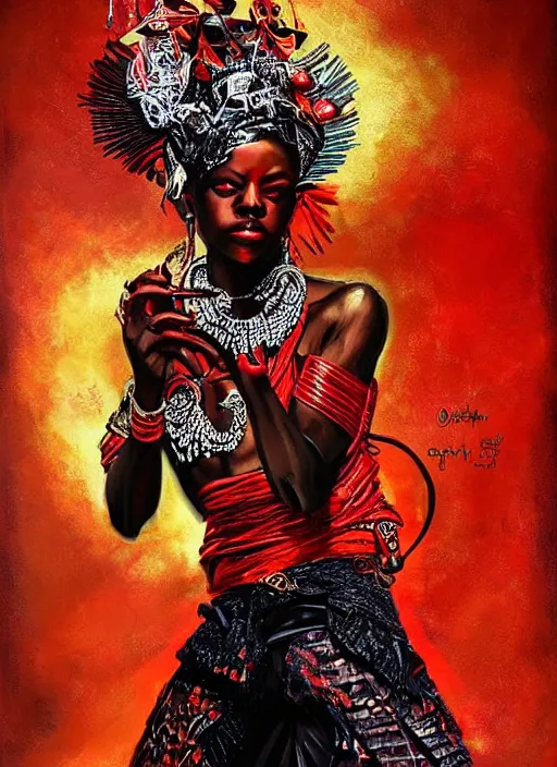 Prompt: the african god of streets and paths who transits between the earth and the sky esu, orisha esu wearing red and black, with fire in his right hand | deep focus, high angle, highly detailed, digital art, digital painting, concept art, illustration by rolf armstrong