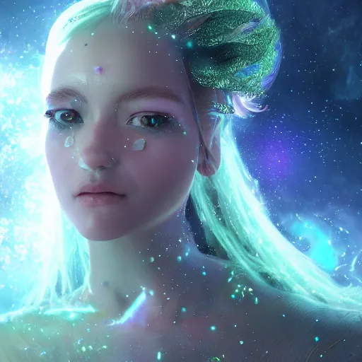 Image similar to portrait of a magical fairy made of galaxies, highly detailed, realistic, octane render, comic book art, space travel, unreal engine, sharp focus, cinematic