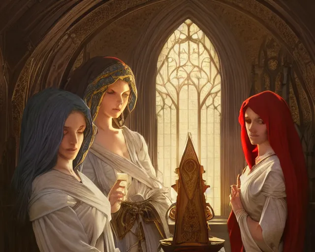 Image similar to photography of the three marys at the sepulchre, deep focus, d & d, fantasy, intricate, elegant, highly detailed, digital painting, artstation, concept art, matte, sharp focus, illustration, hearthstone, art by artgerm and greg rutkowski and alphonse mucha