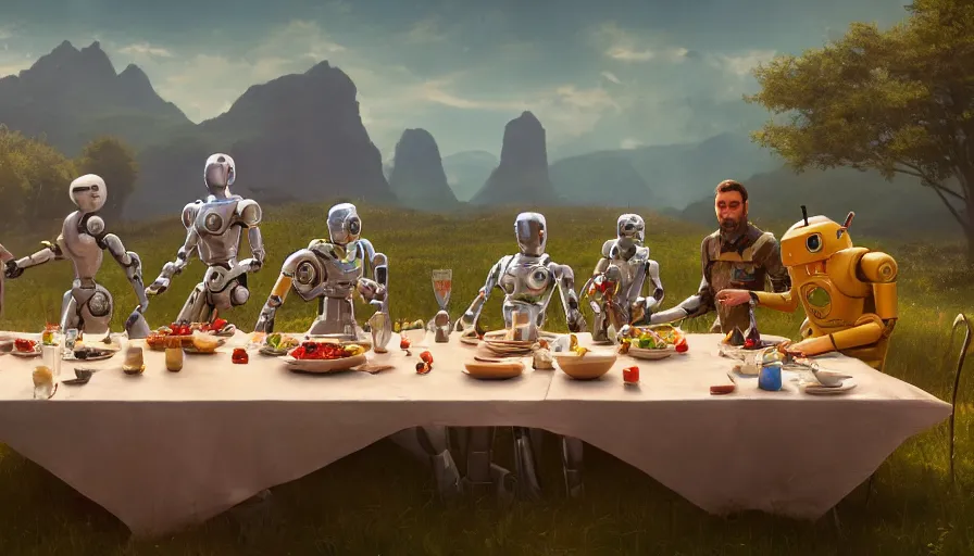 Image similar to a table dinner of android robots where robots are dressed like the characters from the midsommar movie, realistic detailed digital art by maxwell boas jessica rossier christian dimitrov anton fadeev trending on artstation cgsociety rendered in unreal engine 4 k hq