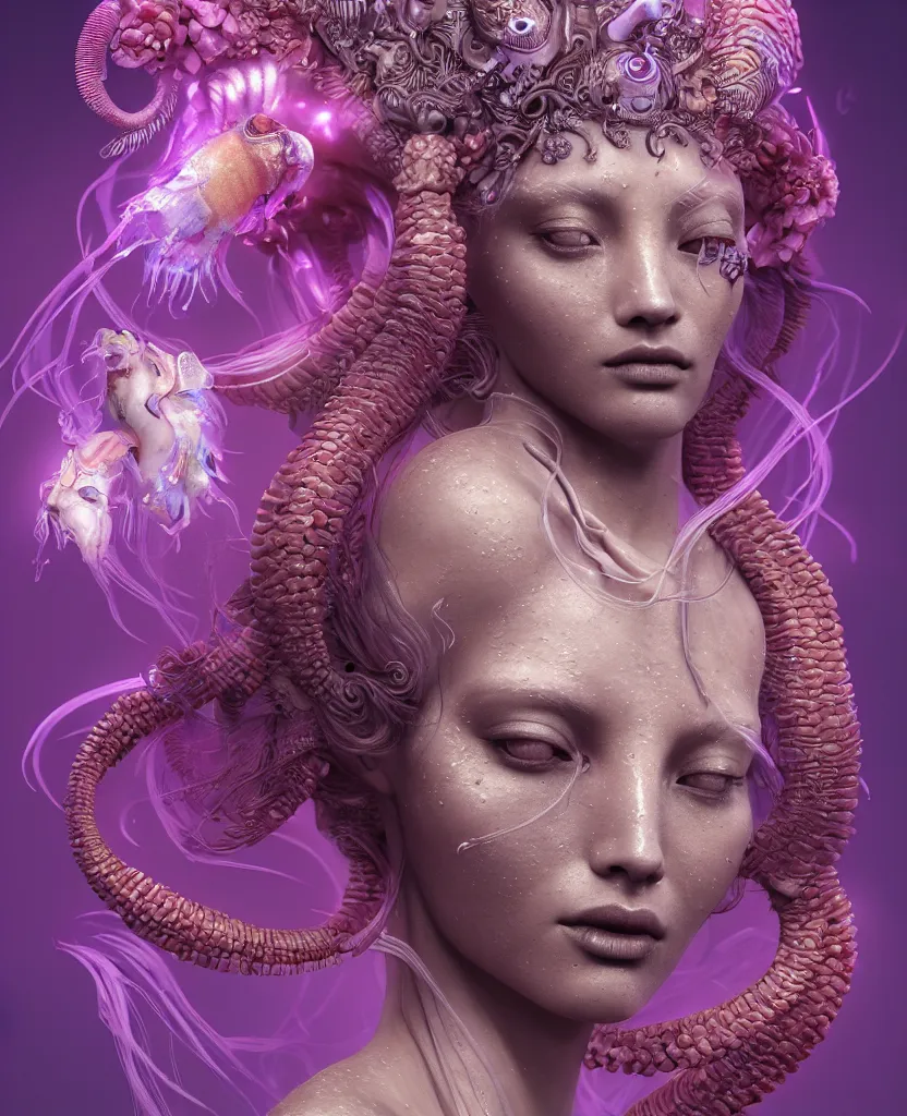 Image similar to goddess close-up portrait of princess face and ram skull. eyes. jellyfish phoenix head, nautilus, orchid, skull, betta fish, bioluminiscent creatures, intricate artwork by Tooth Wu and wlop and beeple. octane render, trending on artstation, greg rutkowski very coherent symmetrical artwork. cinematic, hyper realism, high detail, octane render, 8k