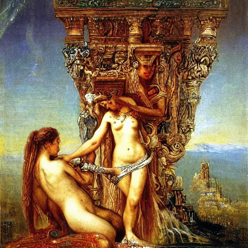 Image similar to a symbolist painting about the lie we live in the style of Jupiter and Semele by Gustave Moreau