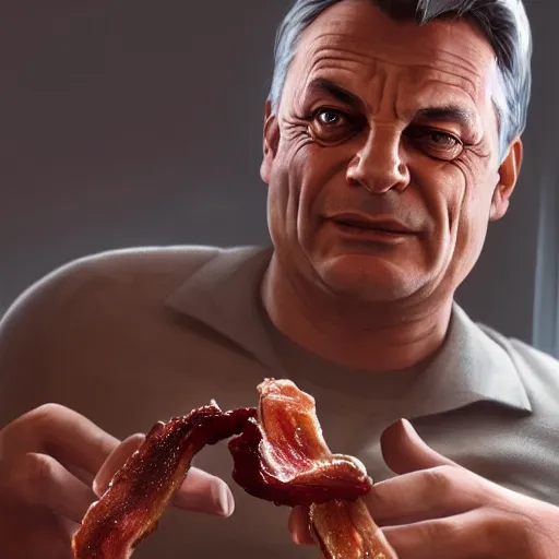 Image similar to viktor orban with detailed eyes, sitting on the toilet and eating bacon by greg rutkowski, highly detailed, octane render, 4 k, 8 k, hdr, cgsociety, amazing lightning, masterpiece