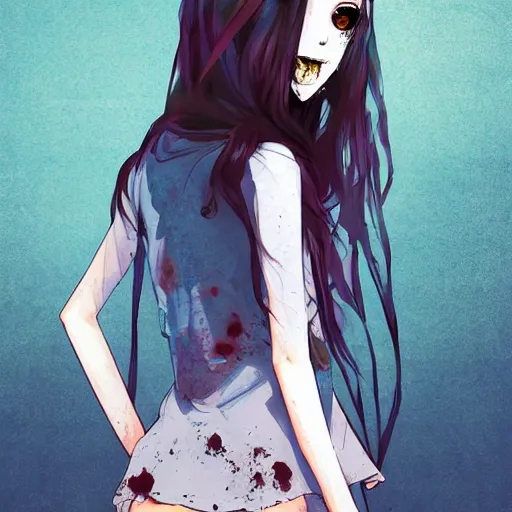 Image similar to urban school zombie girl in tattered clothes fanart, dark blue long hair, muted colors, matte print, pastel colors, ornate, digital art, cute smile, digital painting, fan art, elegant, pixiv, by Ilya Kuvshinov, by Studio Ghibli