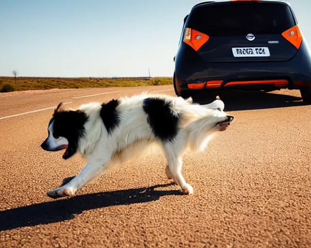 Image similar to border collie dog in the driver's seat of an orange nissan note, paws on wheel, car moving fast, rally driving photo, award winning photo, golden hour, front of car angle