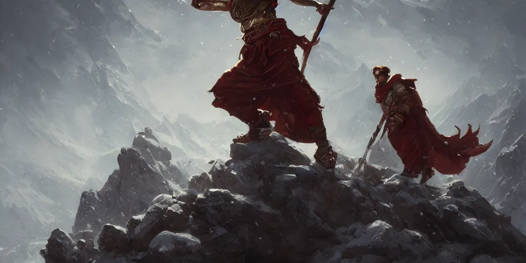 Image similar to ancient persian super hero the rostam by ferdowsi with a mace in hand on a snowy mountain peak, art by greg rutkowski, dark fantasy art, high detail, trending on artstation, insane details, dramatic lighting,