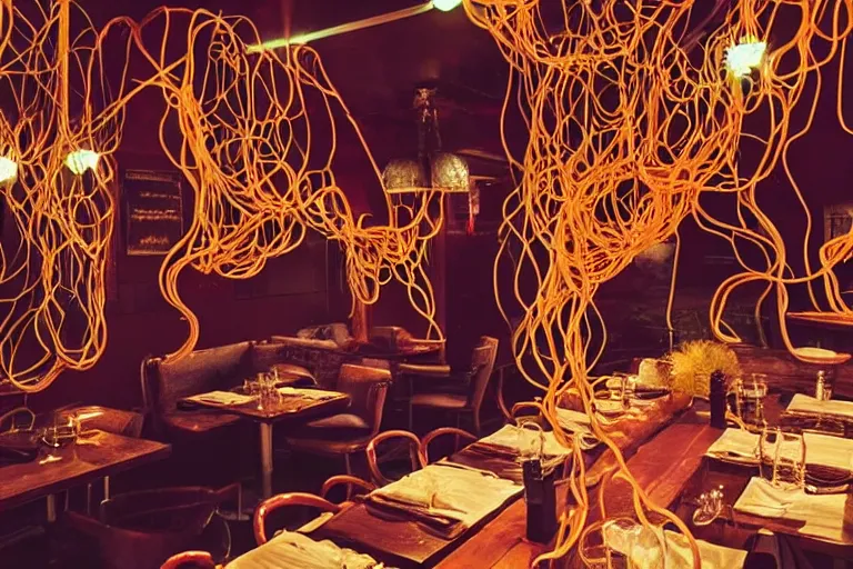 Image similar to magical restaurant serving tentacle-spaghetti to wizards