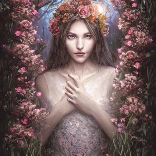 Image similar to a picture of a woman with a symmetrical detailed face, in a white lace dress and covered in flowers and leaves sitting in an enchanted forest, sunset, high fantasy, elegant, epic, detailed, intricate, digital painting, concept art, realistic detailed face, smooth, focus, soft rim light,