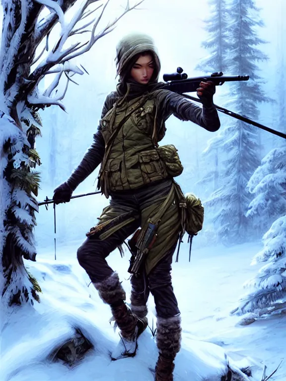 Image similar to a beautiful and aesthetic sniper huntress on the winter valley, aiming the sniper, toward to the camera, hunting the monsters, cynical, dramatic pose, intricate, highly detailed, detailed face, smooth, sharp focus, environmental light, rim light, artgerm, artstation, art by greg rutkowski, ilya kuvshinov, rossdraws, fantasy illustration