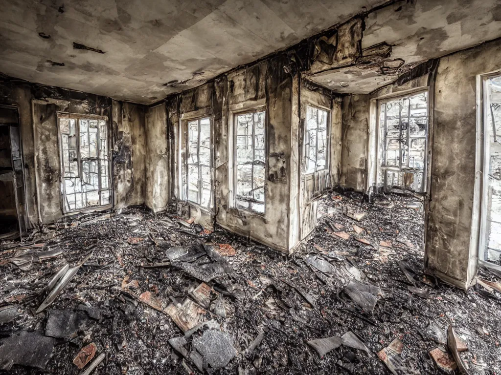 Image similar to burnt out building, interior shot, canon, award winning!!, no fire, no smoke, photography, realism, dslr photo, 8 k, journalism