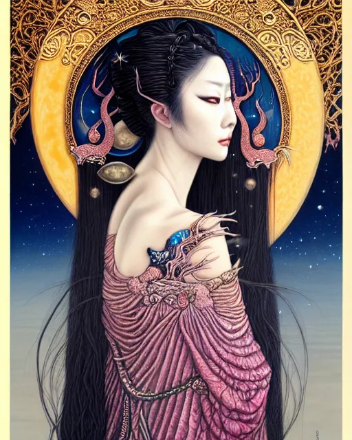 Image similar to portrait of a beautiful moon goddess, unusual beauty, esoteric, other worldly colors, head in focus, fantasy art, ornamental aesthetics, intricate, elegant, highly detailed hyperrealistic painting, artstation, concept art, painterly, sharp focus, illustration, art by chie yoshii