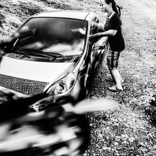 Prompt: black and white car doing dishes, dslr photo